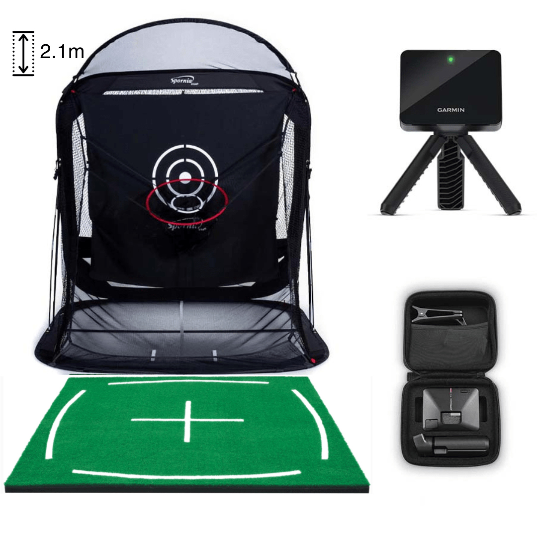 Spornia Golf Simulator Bundle #5: SPG-7 Net + 3D Pro Turf Teaching Mat + Garmin Approach R10 Launch Monitor